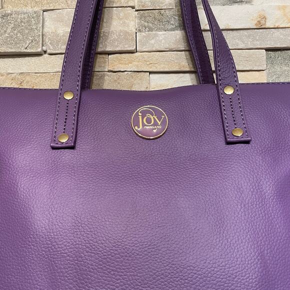 Joy Mangano Leather Tote | Purple Zip Top Bag, Gold Logo, Clean Interior NWOT - Picture 5 of 9